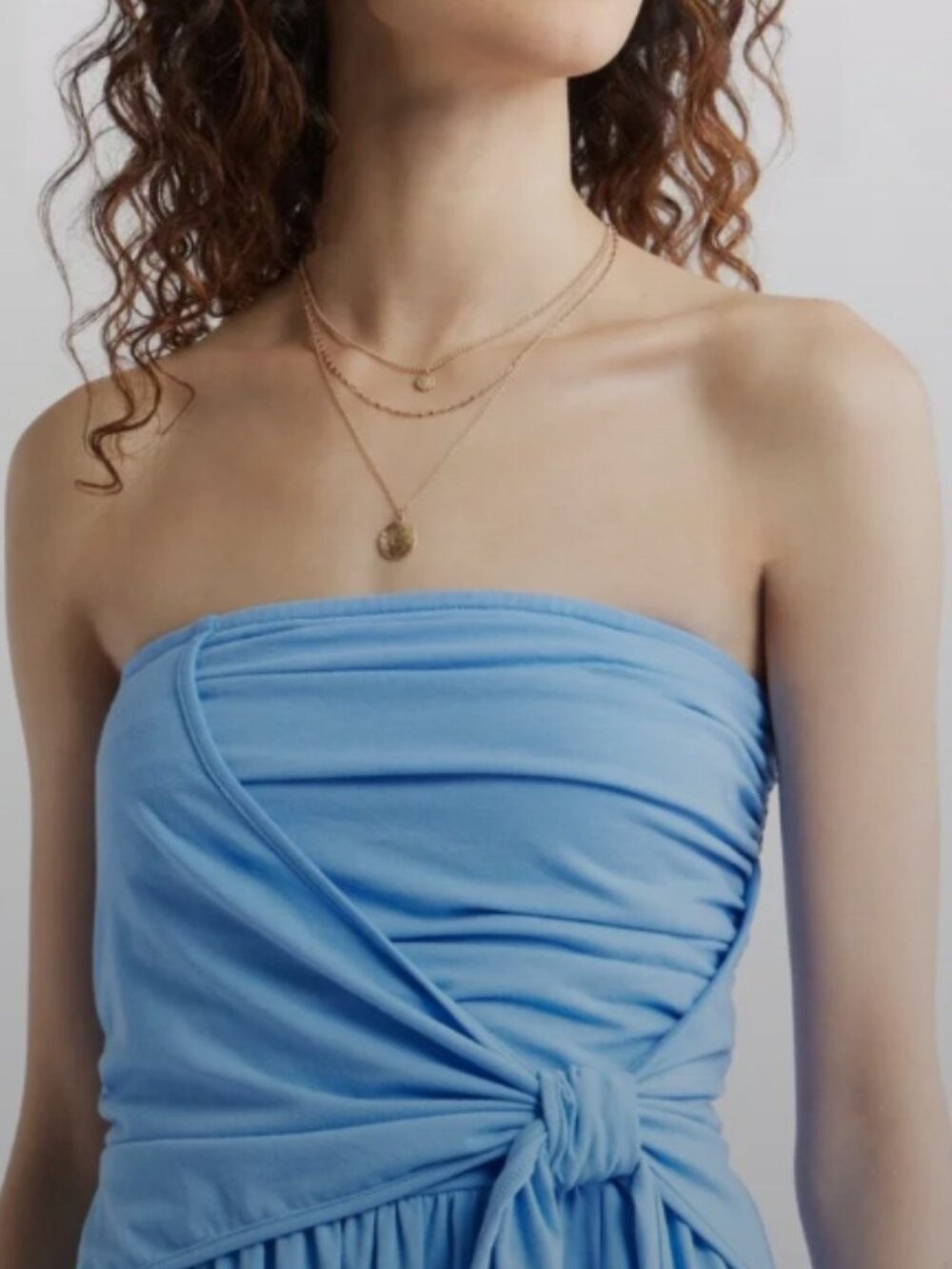 Treasure & Bond Strapless Ruched Sky-Blue Midi Dress with Side Slit - Picture 3 of 5